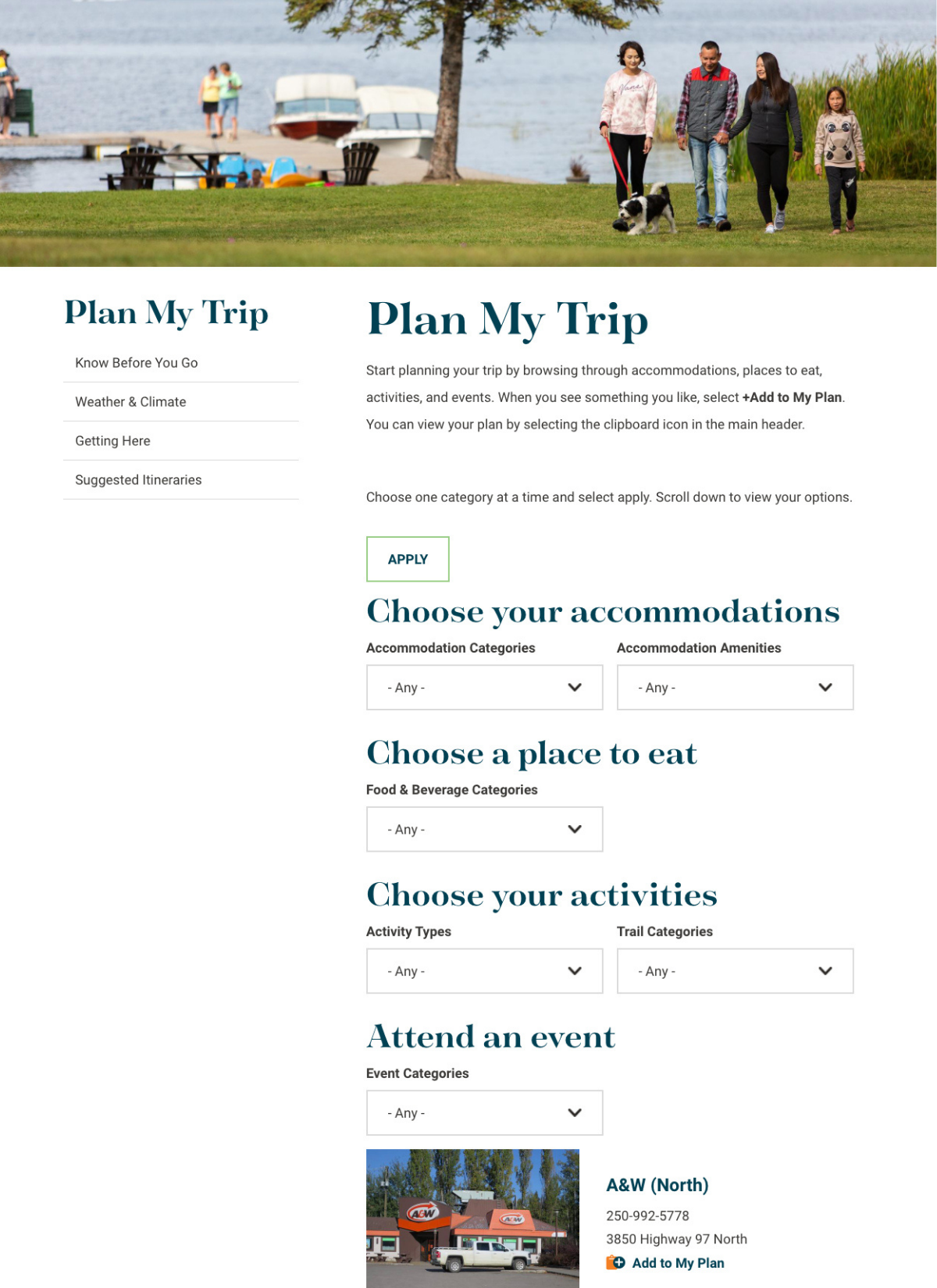 Screen shot of the Plan My Trip tool 