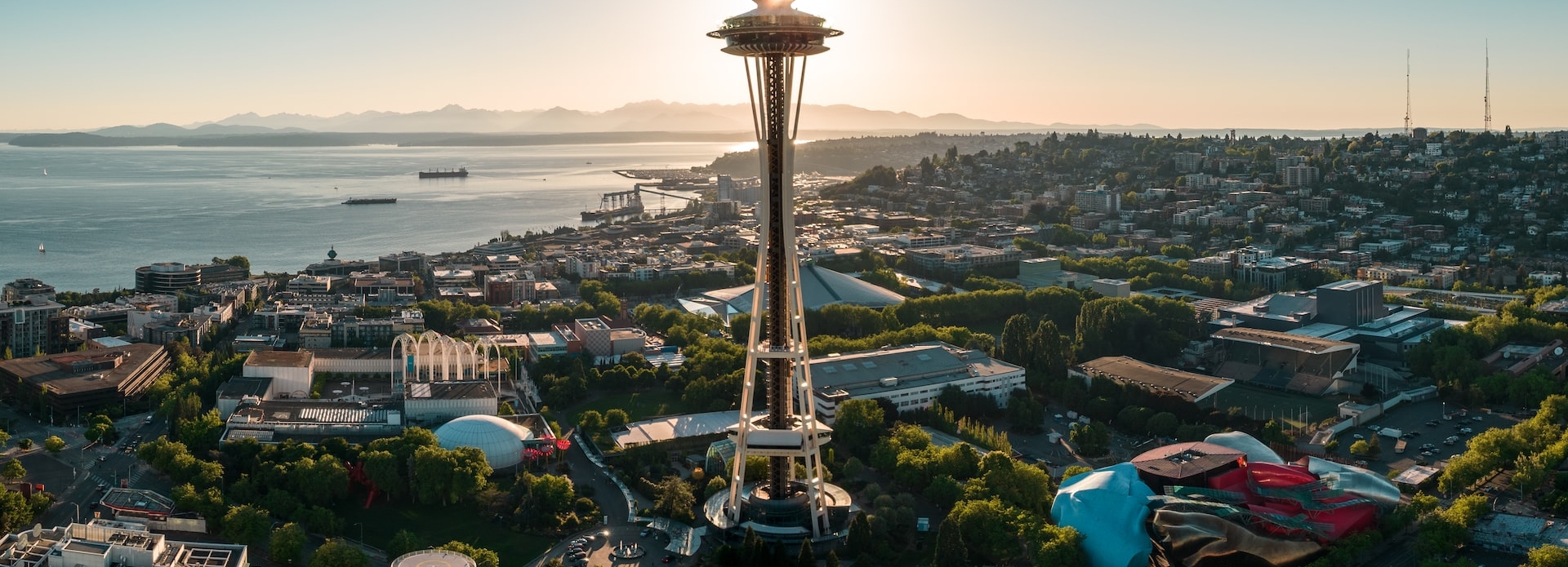 View of the Seattle Space Needle against Elliot Bay. 