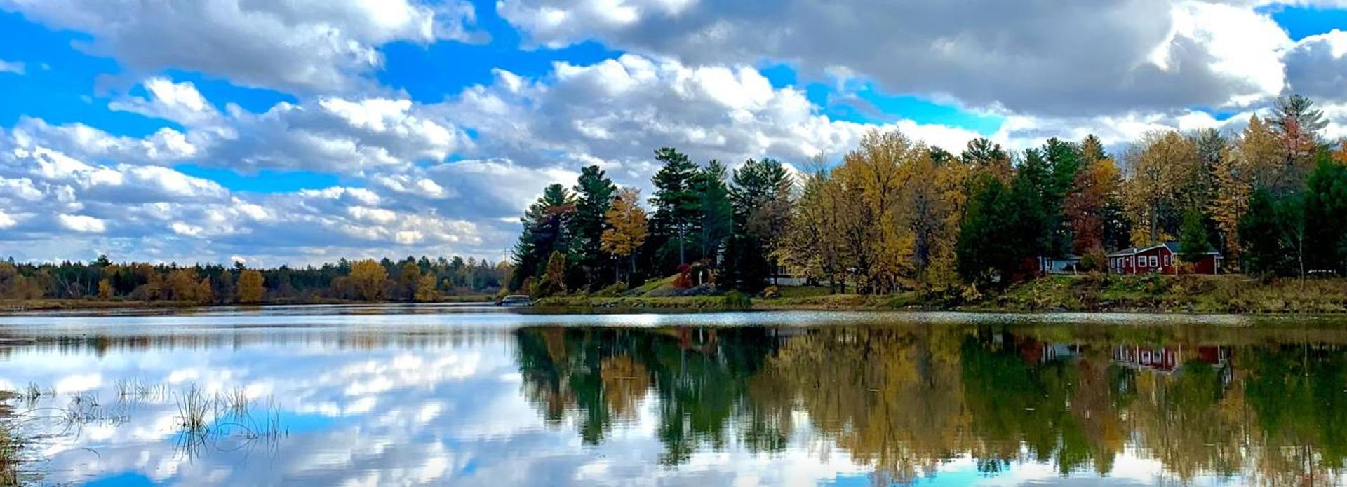 clear lake with a tree line behind it and a partially cloudly blue sky
