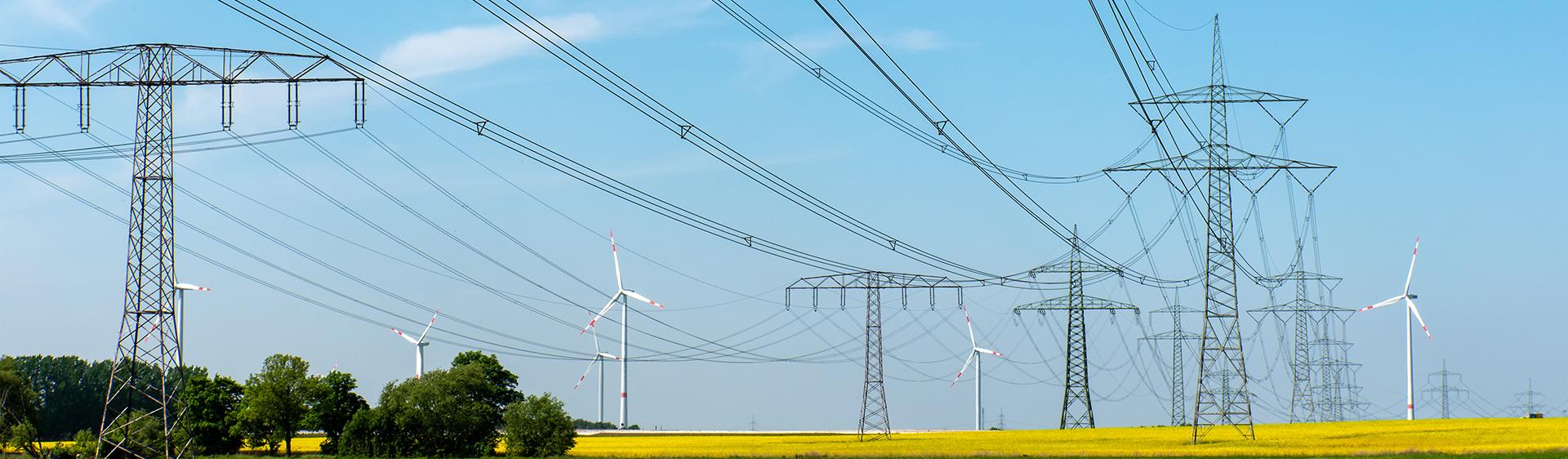 Powerlines running through fields