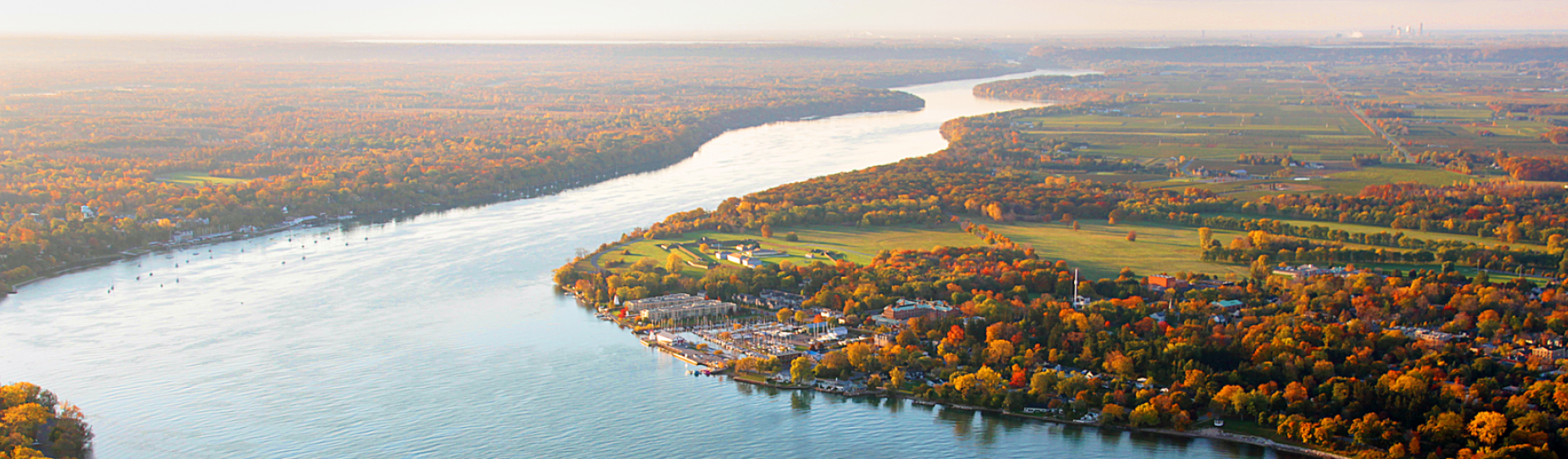 An autumn birds-eye-view of the river running along the town of niagra on the lake