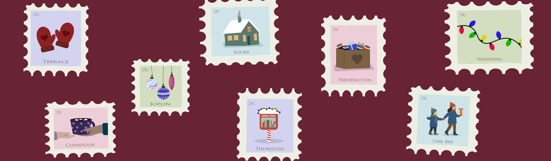 A maroon background with christmas themed post card stamps along it
