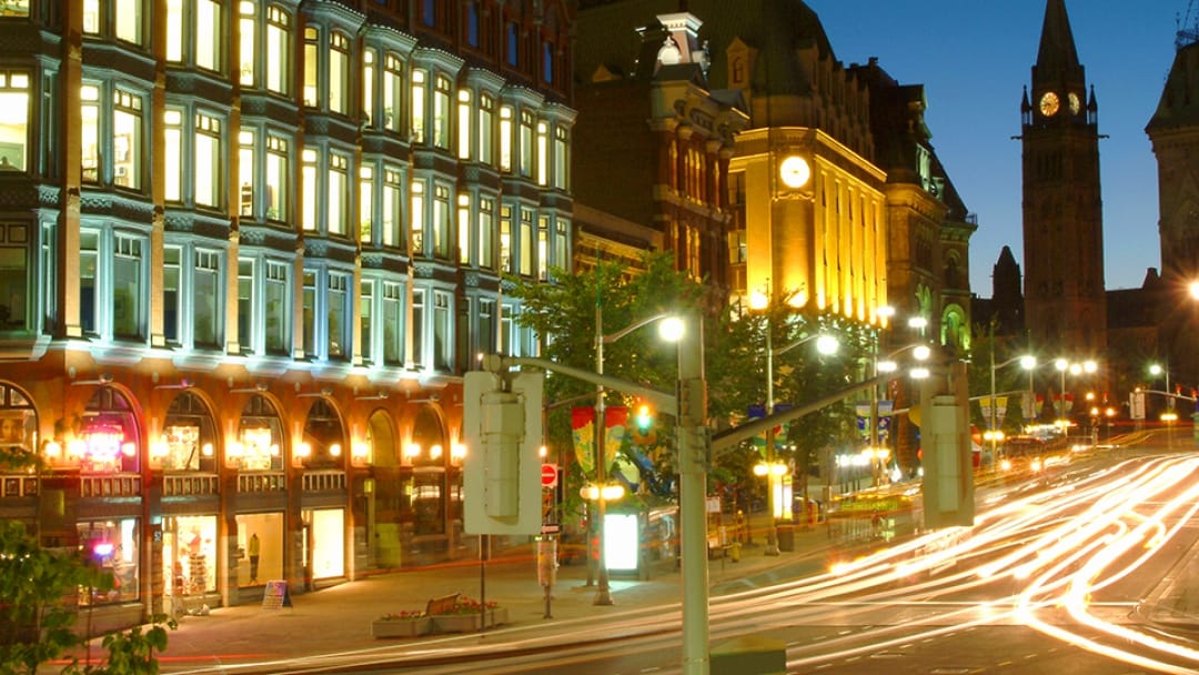 Night view of busy city street