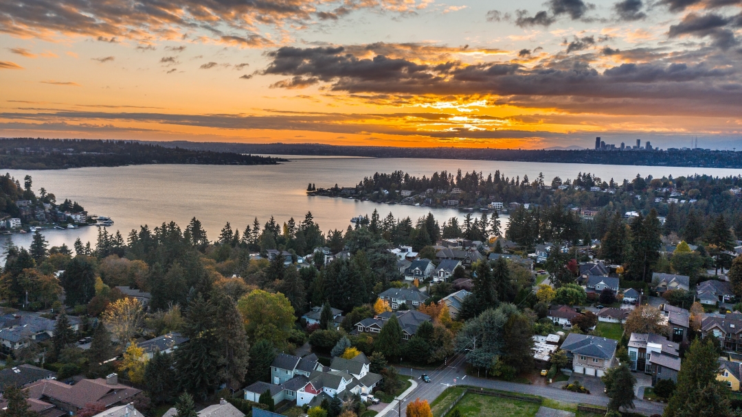 Ariel view of a city in Puget Sound. 