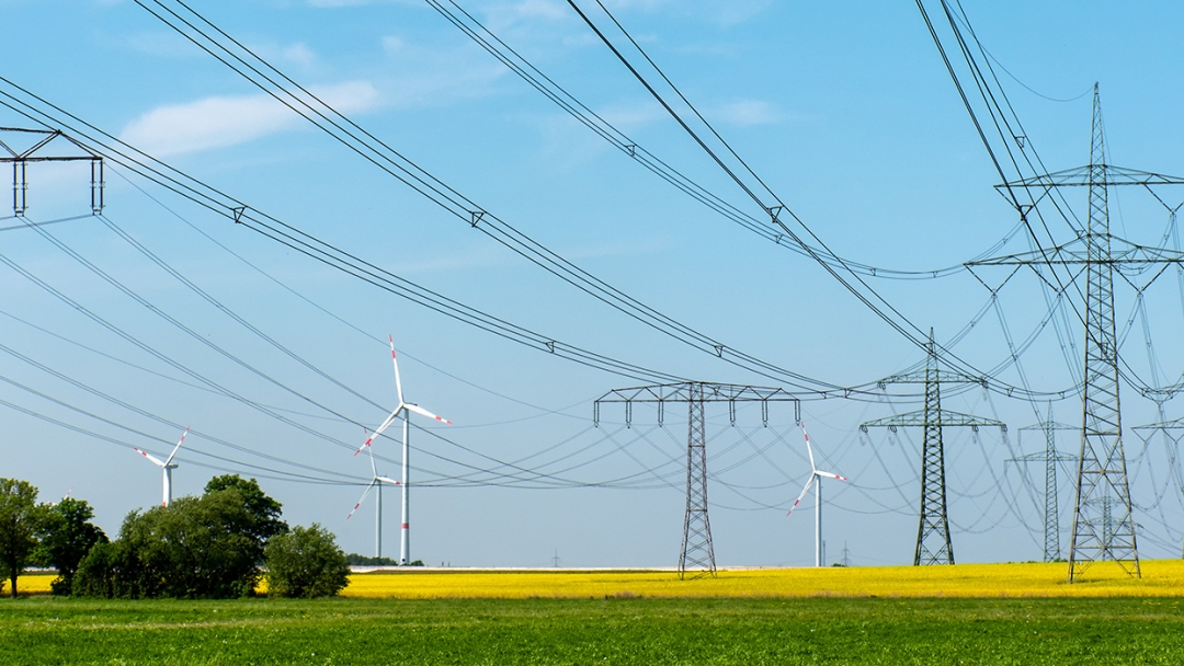 Powerlines running through fields