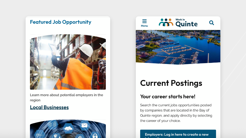 Work in Quinte Website mobile views 