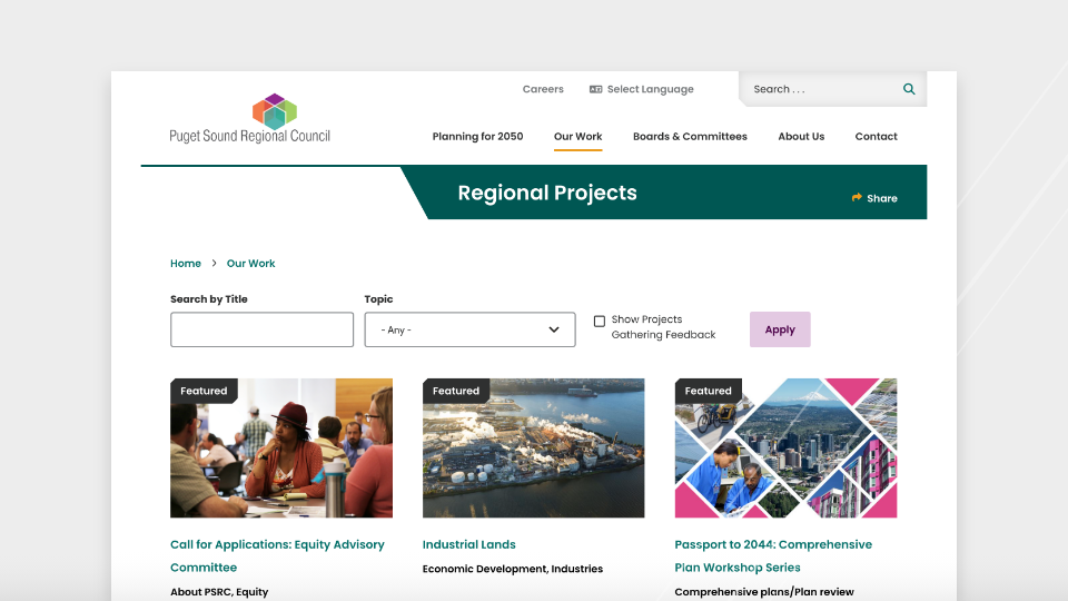Screen shot of PSRC website regional projects page. 