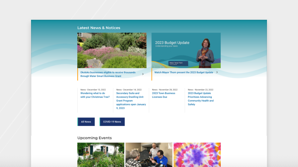 Screenshot of the Town of Okotoks website homepage news and events section. 