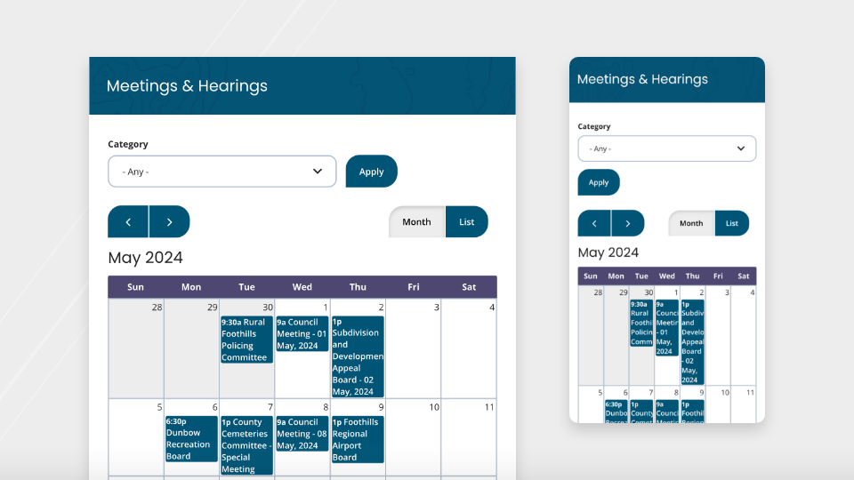Desktop and mobile screenshots of the Foothills County website's calendar view