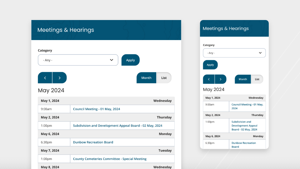 Desktop and mobile screenshots of the Foothills County website's list view