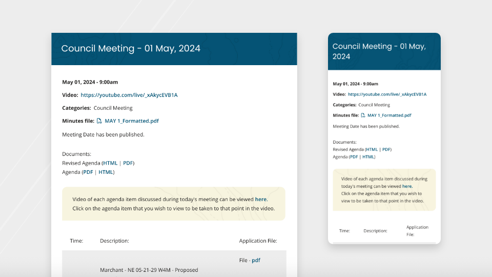 Desktop and mobile screenshots of the Foothills County website's meeting detail view