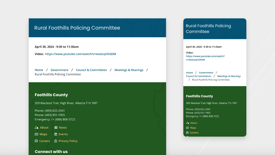Desktop and mobile screenshots of the Foothills County website's meeting detail view