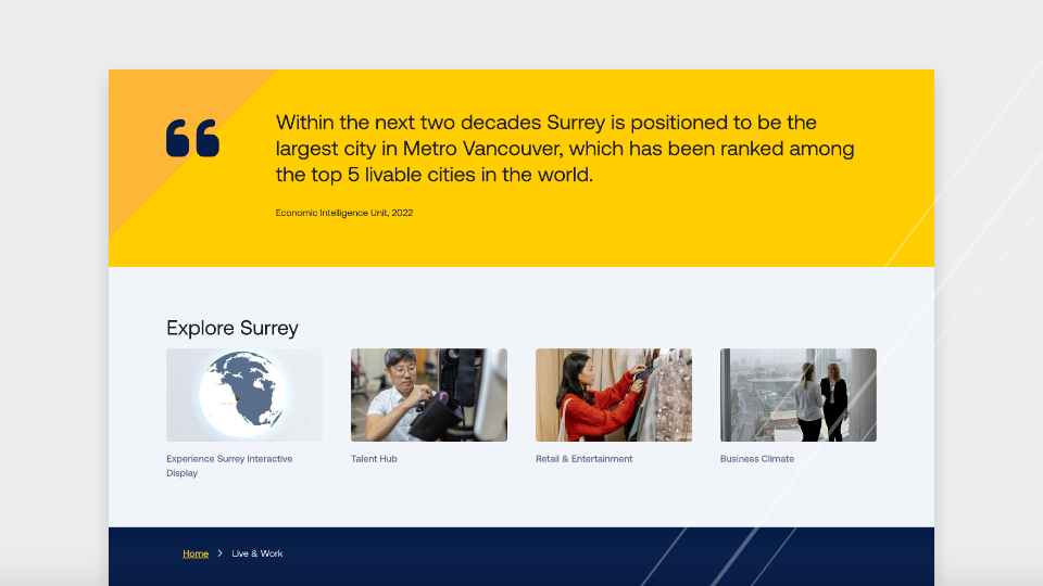 Screenshot from the Live and Work page of Invest Surrey, on desktop