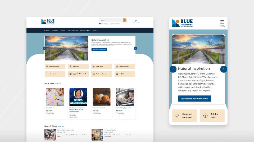 One screenshot of the The Blue Mountains Library homepage on desktop, and another on mobile.