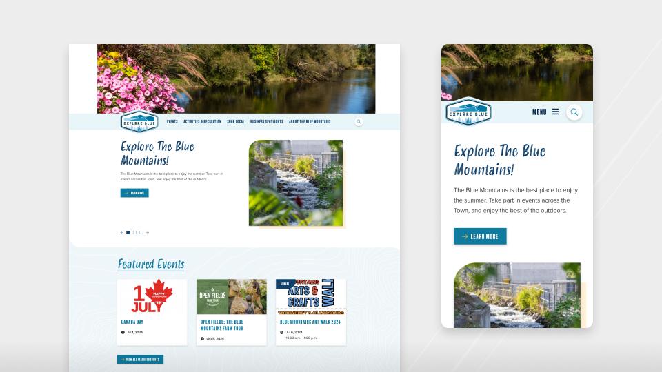 One screenshot of the Explore Blue homepage on desktop, and another on mobile.