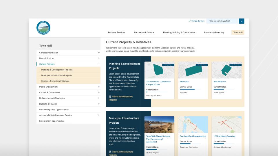 An inside page from the Town of The Blue Mountains website. This page is on the Town’s current projects and initiatives.