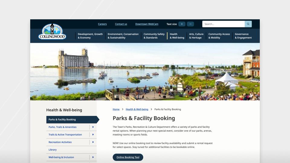 Screenshot of Collingwood Parks and Facilities Booking page
