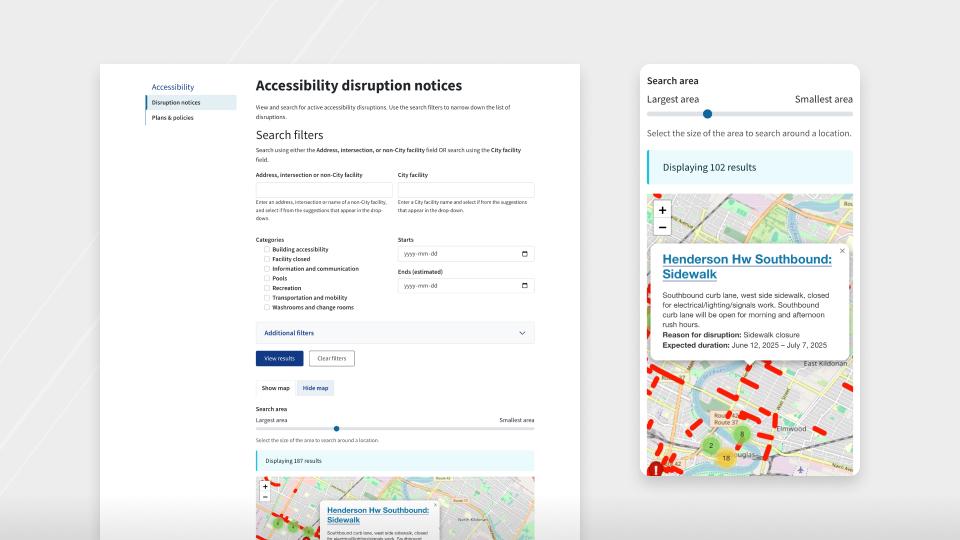 Desktop and mobile screenshots of winnipeg.ca's accessibility disruption tool