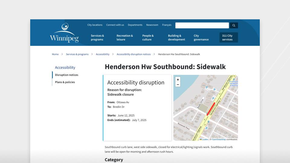 Desktop and mobile screenshots of winnipeg.ca's accessibility disruption tool