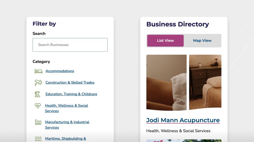 Mobile screenshots of the WhyEsquimalt.ca business directory.