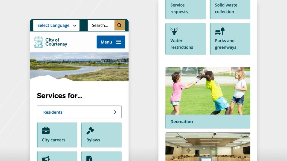Screenshot of the City of Courtenay's website on mobile showing Services