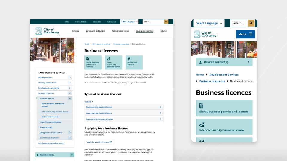 Screenshot of the City of Courtenay's website on desktop and mobile showing Business Licenses