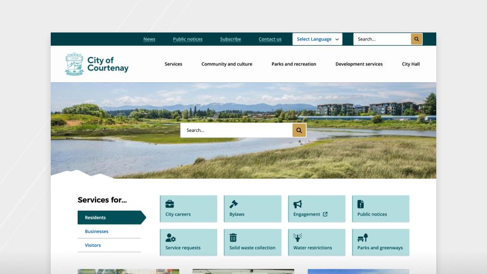 City of Courtenay's website homepage on desktop showing navigation and images