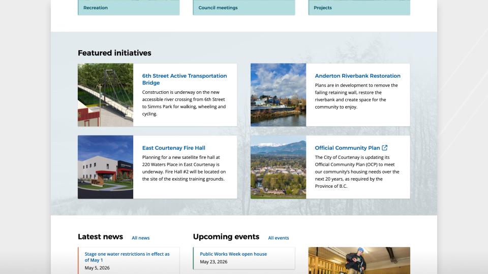 Screenshot of the City of Courtenay website homepage on desktop with Featured Initiatives
