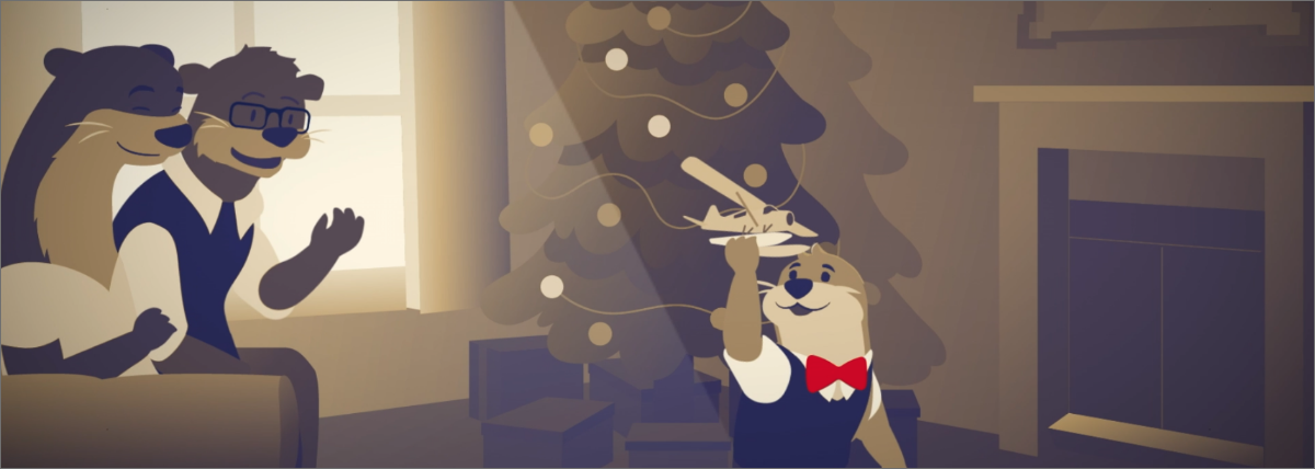 Animation of an otter family opening gifts