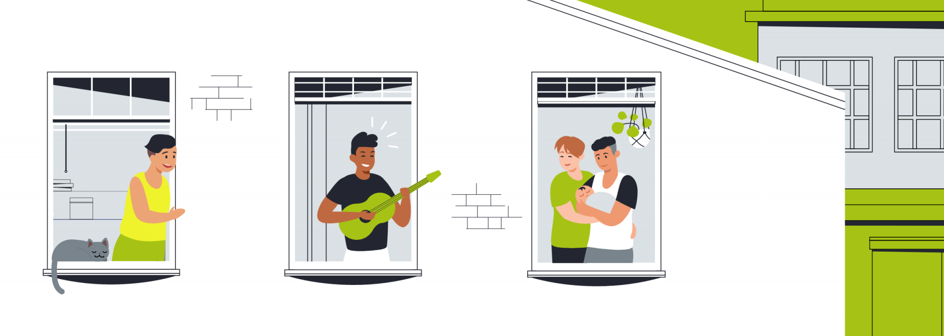 Illustration of people in apartment windows
