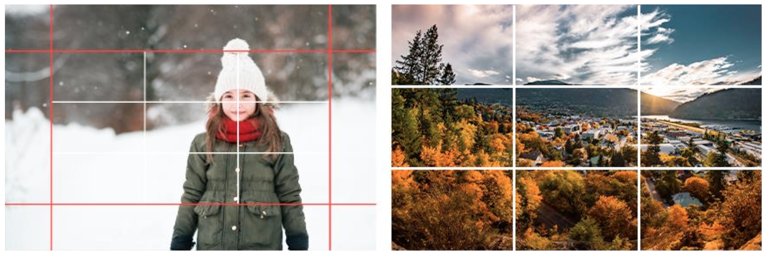 two photos with a grid demonstrating how use the rule of thirds
