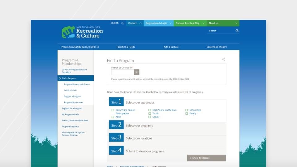 Website screenshot of the north vancouver programs page