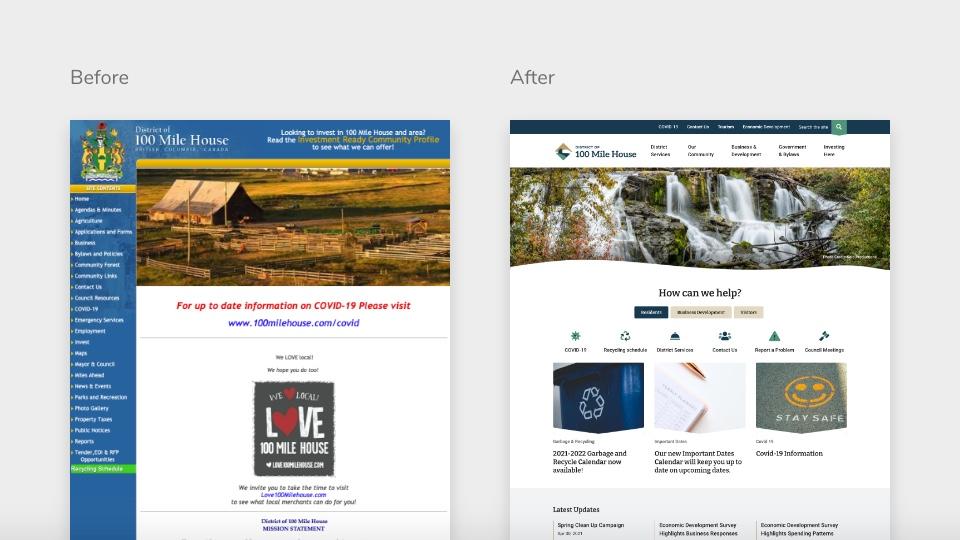 Before and after picture of the District of 100 Mile House website 