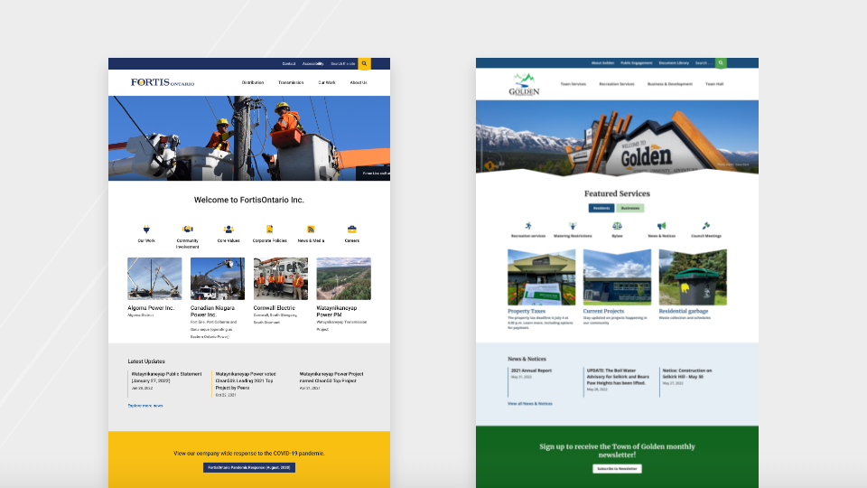 FortisON and Town of Golden website screenshots of the same template. 