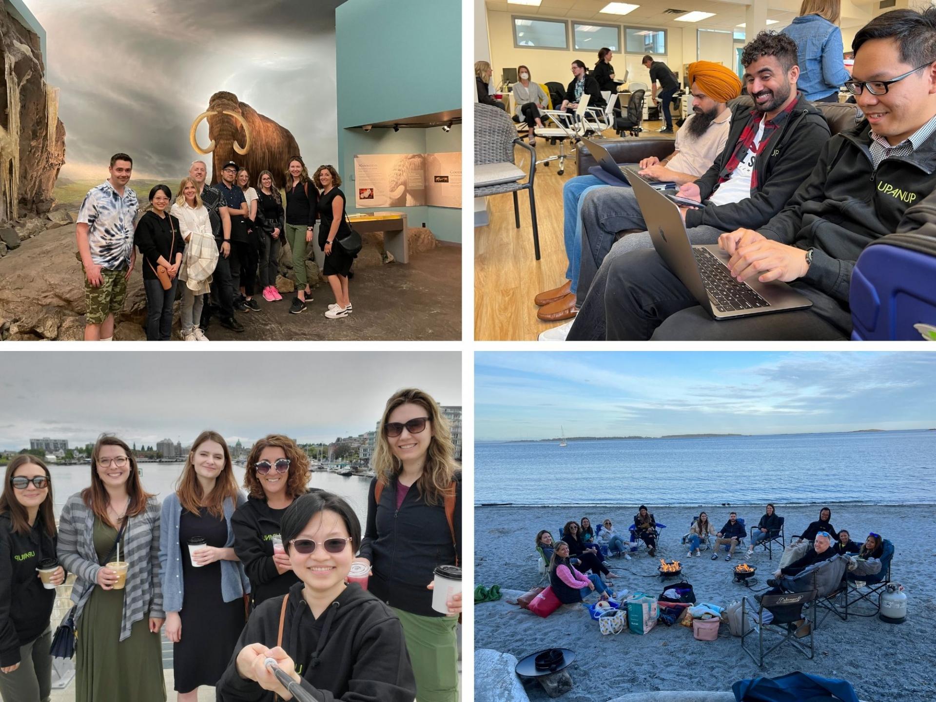 Upanup team at the beach, on the bridge, at the museum, and working in the office. 