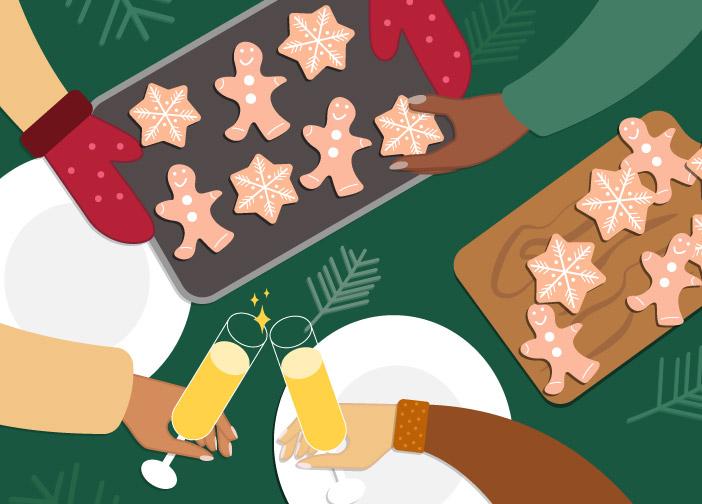 Illustration of plates on table with gingerbread man cookies being server to people while they cheers champagne glasses